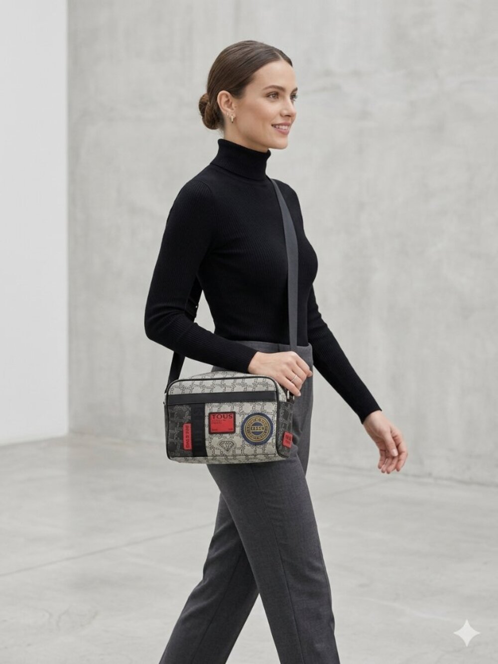 TOUS Black & White Crossbody Bag with Colorful Patch Accents